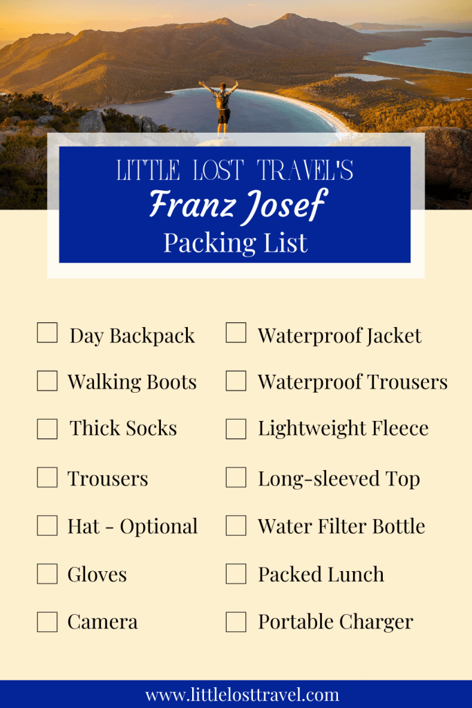 How to Hike to Franz Josef Glacier in New Zealand (via Robert's Point Track) 6 pinterest pin for franz josef packing list