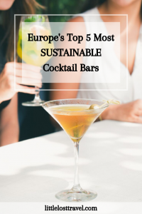Pinterest pin for Europe's Top 5 Most Sustainable Cocktail Bars.  A cocktail in the foreground with women drinking behind. 