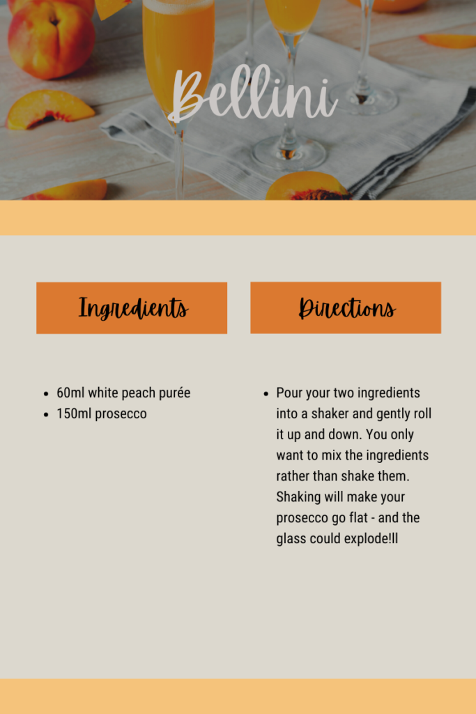 Recipe card for the Bellini cocktail