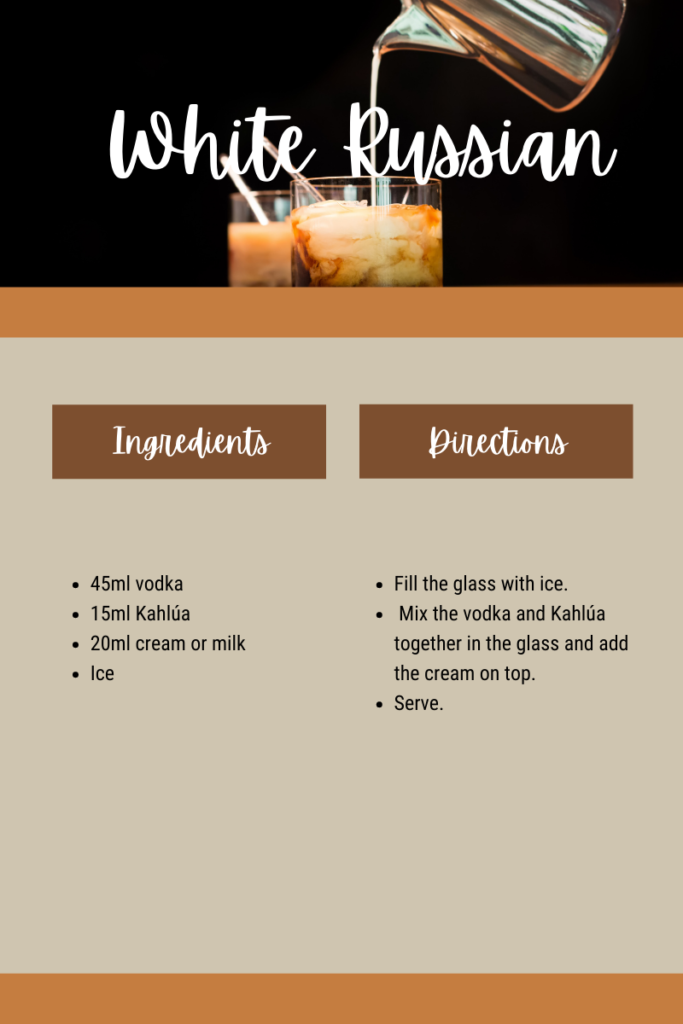 White Russian recipe card with sustainable spirits