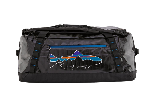 Patagonia Black Hole duffel bag with a fish pattern on it. 