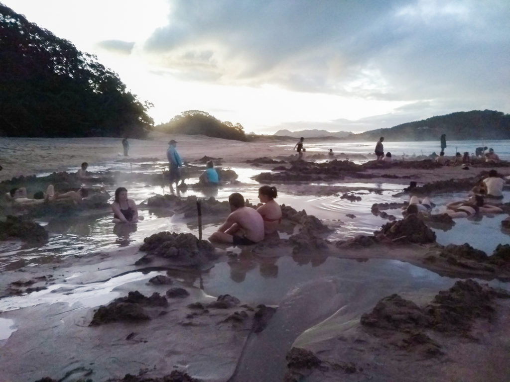 People sitting in hot pools on the beach at Hot Water Beach at sunset.