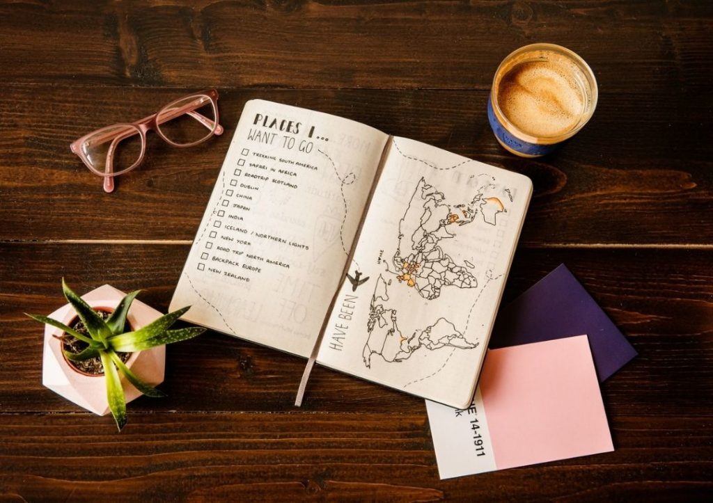 10 Awesome Books to Inspire Your Next Travel Destinations 12 A travel diary with a map and two other books, a coffee, glasses and a plant.