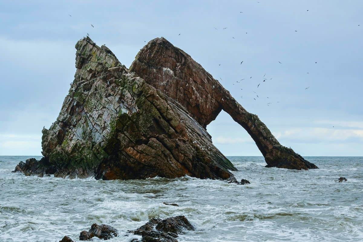 Birds fly around a large rock protuding from the sea. There is an arch in the rock which gives its name Bow Fiddle Rock. 