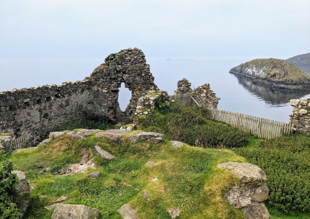 Old ruins of Duntulum Castle looking out across the sea from Skye. 