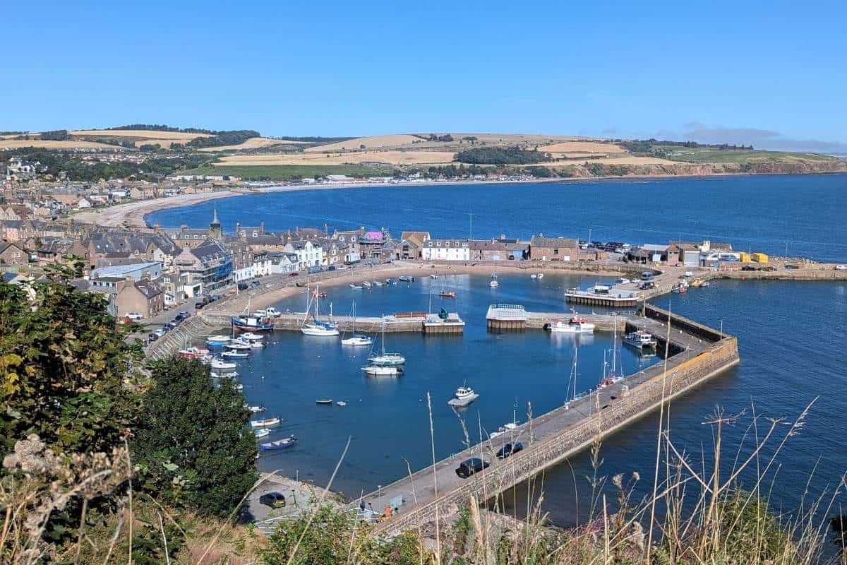 The harbour and houses of Stonehaven with green hills behind. The view is taken from slightly above. 