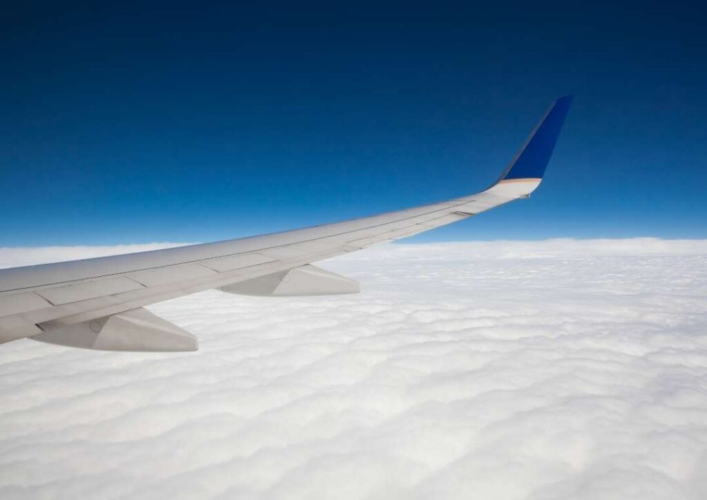 An airplane wing above the clouds with a blue sky behind. You can carbon offset your travels. 