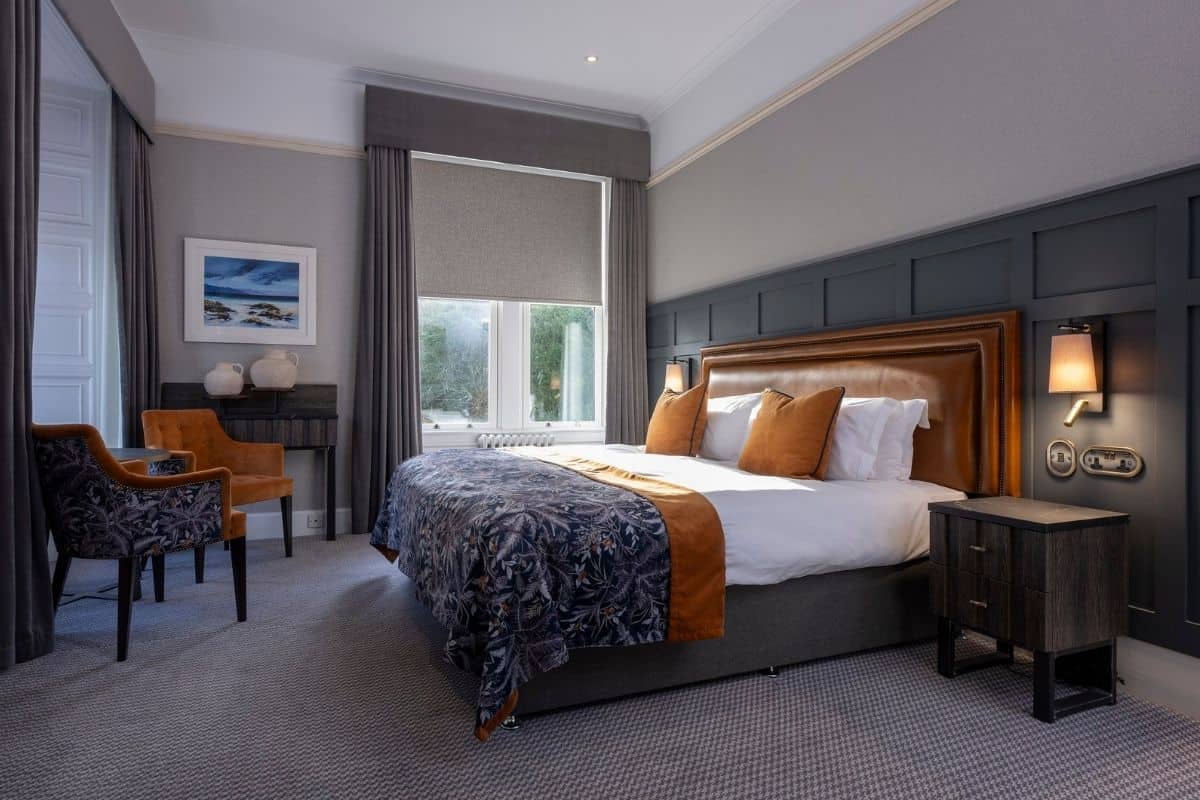 A room with grey toned walls and carpets brighten up by burnt orange furnishings. A warm and inviting space. 