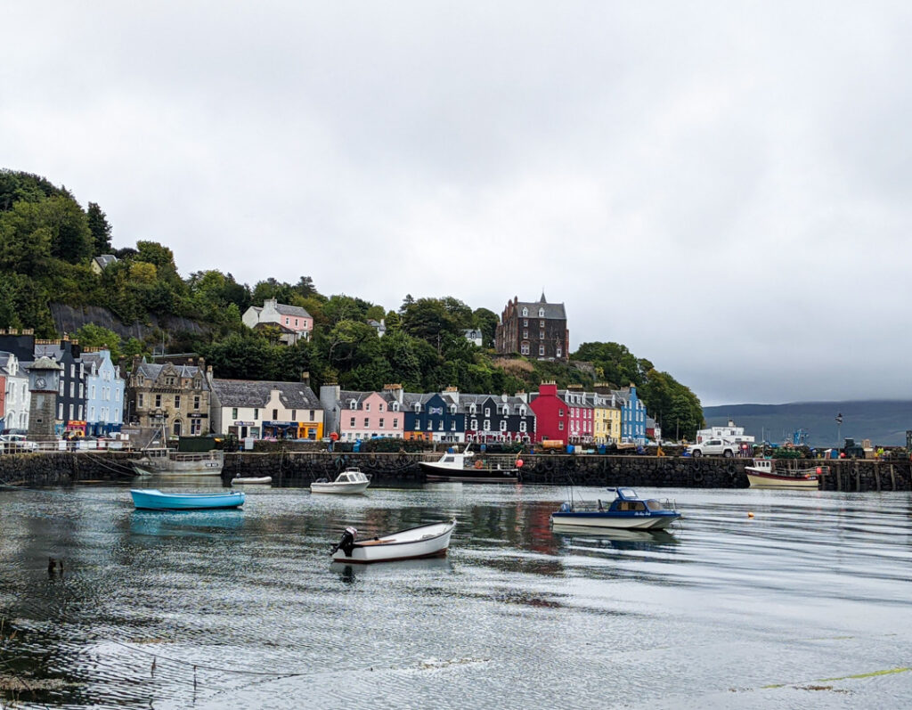 Tobermory on the Isle of Mull. Colourful houses lined up across a harbour