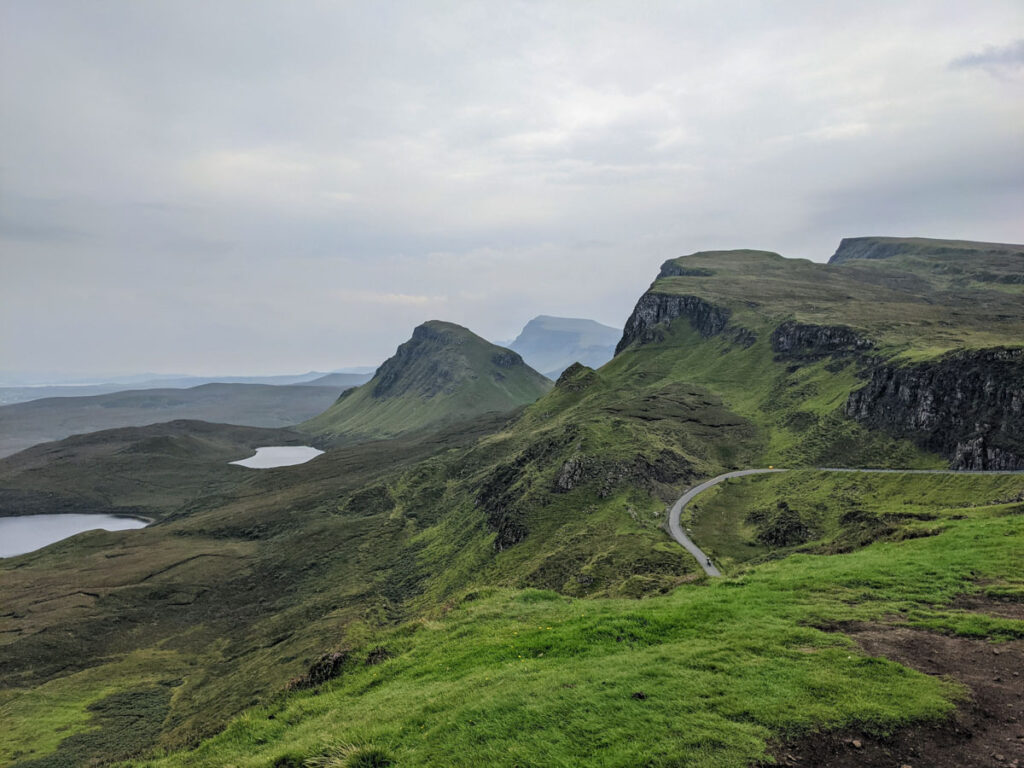 The Quiraing landslide. Hills, lochs and chiselled cliffs rise up on the Isle of Skye. 