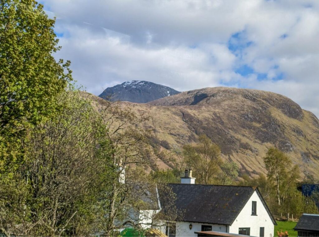 The snow-covered summit of Ben Nevis mountain in Fort William. 