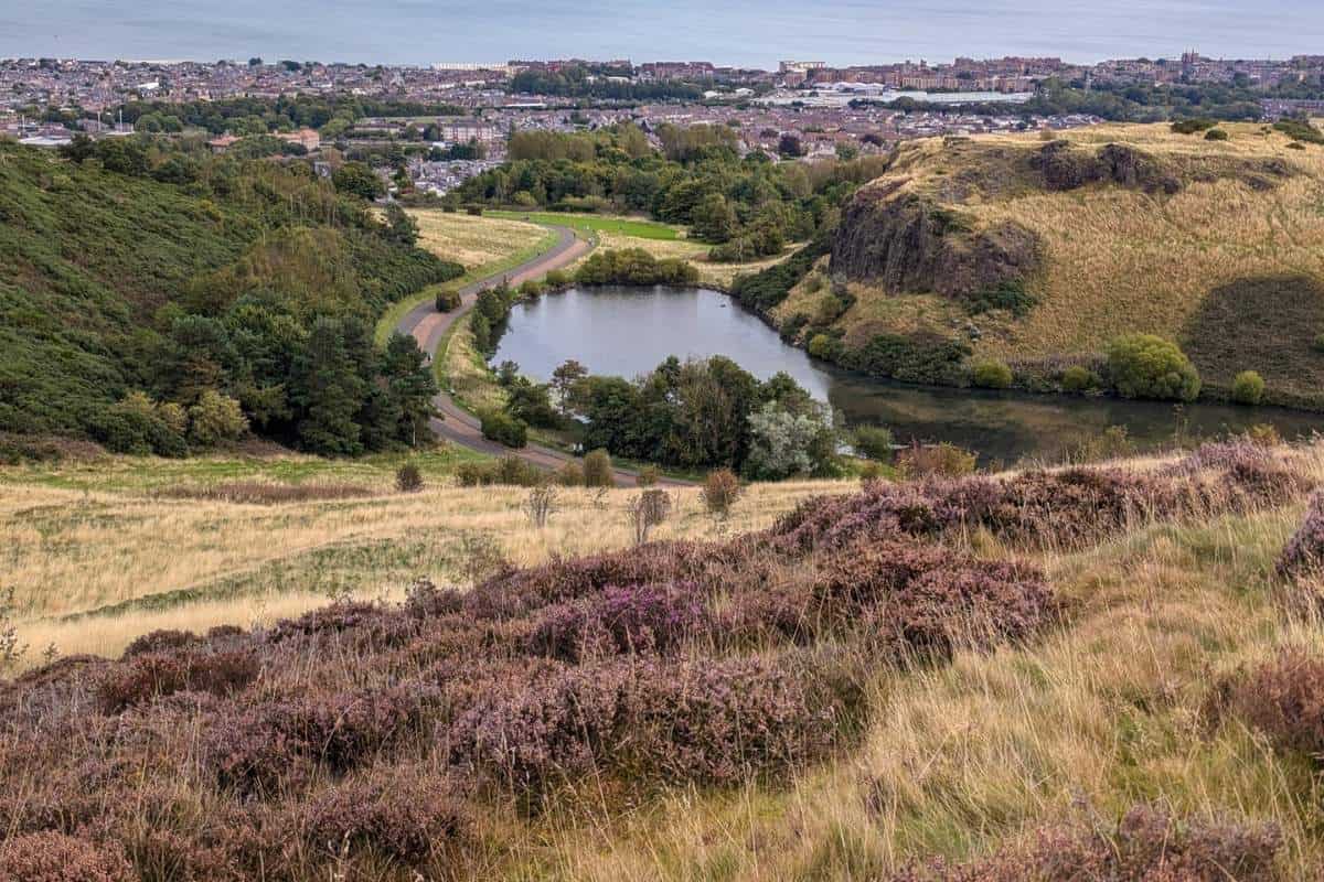 A scenic view from Arthur's Seat in Edinburgh, Scotland, showcasing rolling hills covered in golden grass and purple heather. A winding road leads to a small lake nestled between rugged cliffs and lush greenery. In the background, the cityscape stretches towards the coastline, with the sea visible on the horizon.