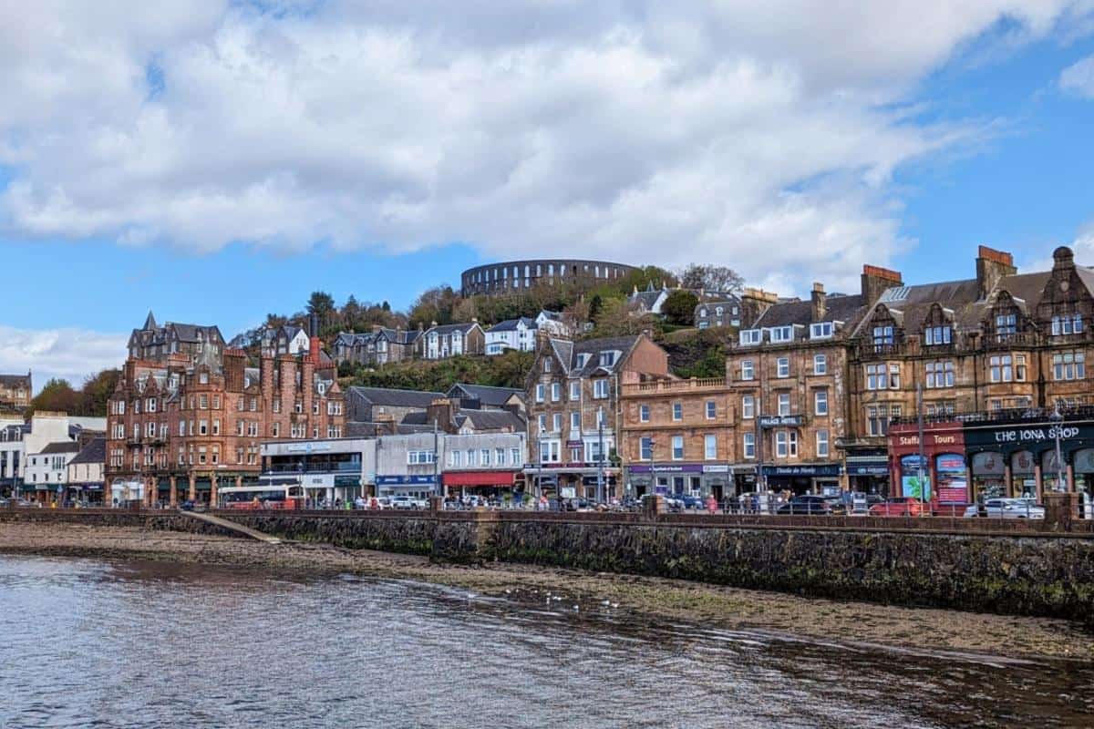 View of Oban town centre and McCaig's Tower from the south ferry terminal. 