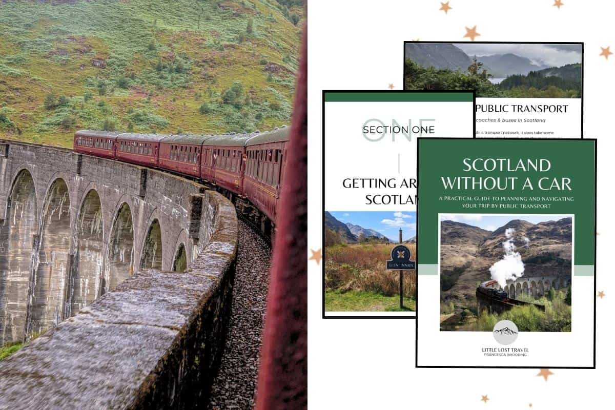 Scotland Without a Car poduct image with an image of the Jacobite train going over Glenfinnan Viaduct. 